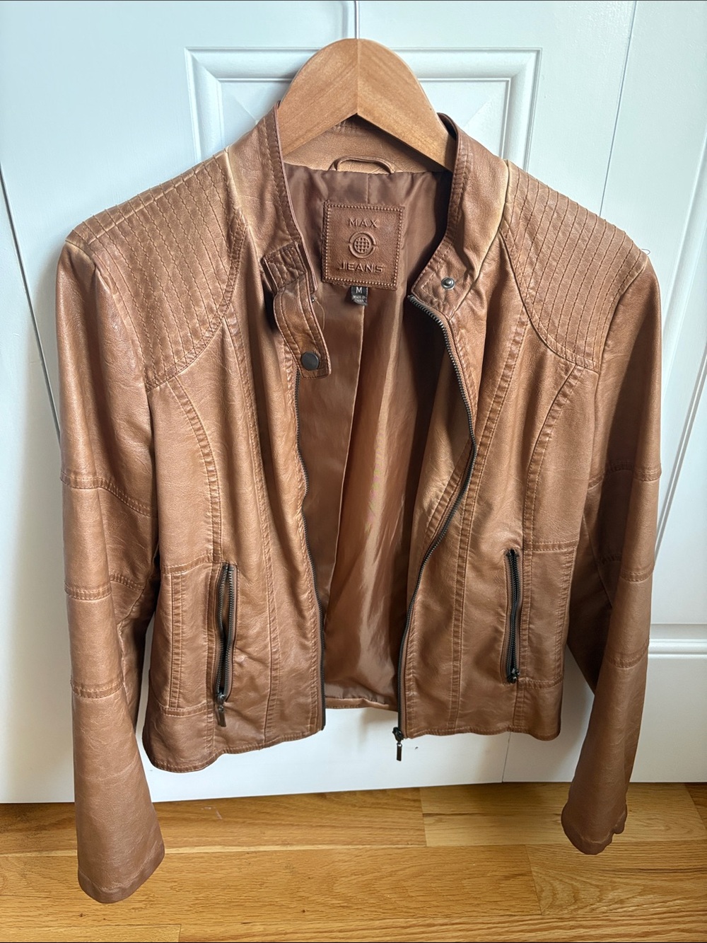 Max Jeans Chestnut Faux Leather Moto Jacket with Quilted Shoulders